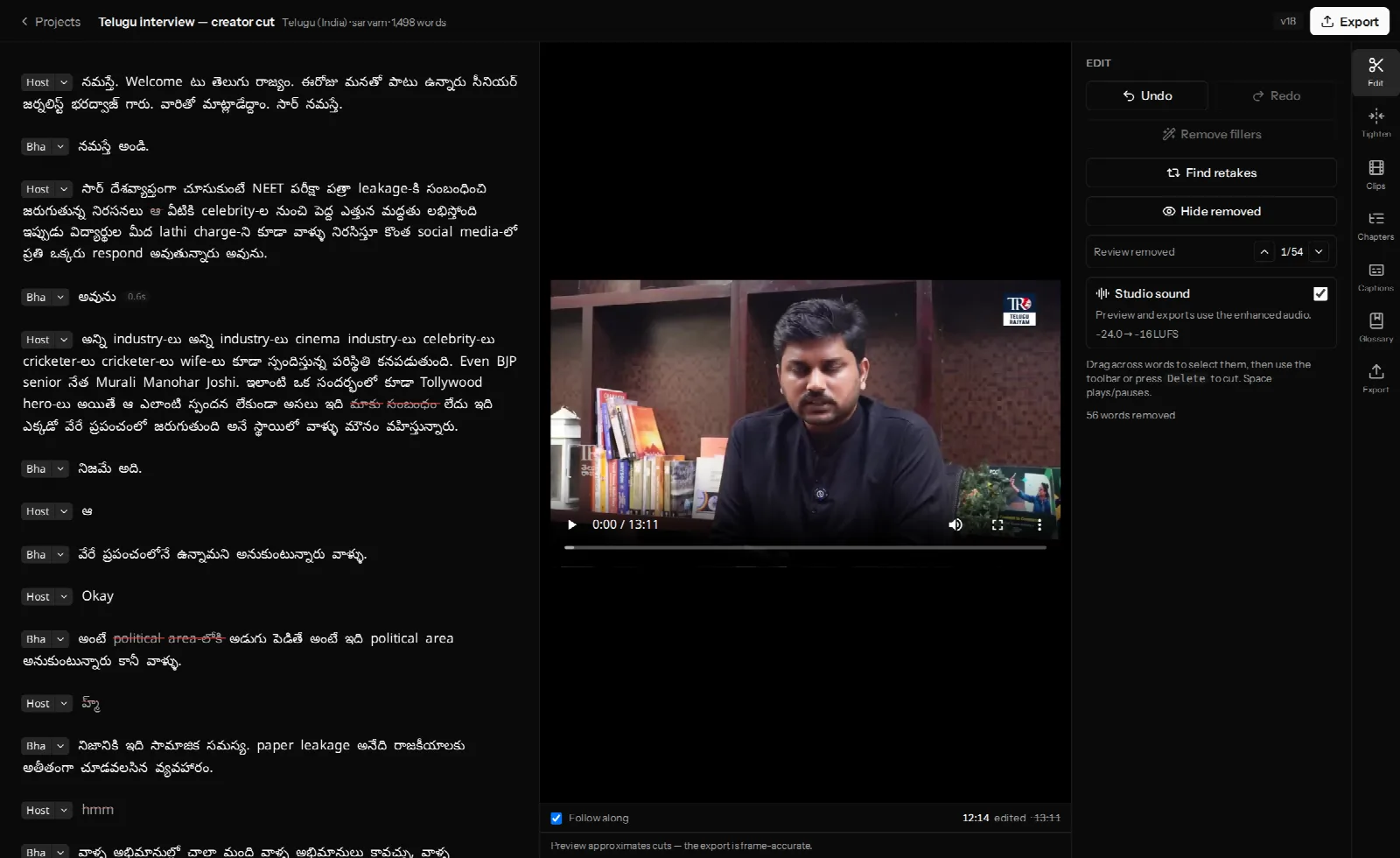 A Telugu interview transcript in VidCarve mixing Telugu script with Latin-script English words such as NEET, leakage, celebrity and social media