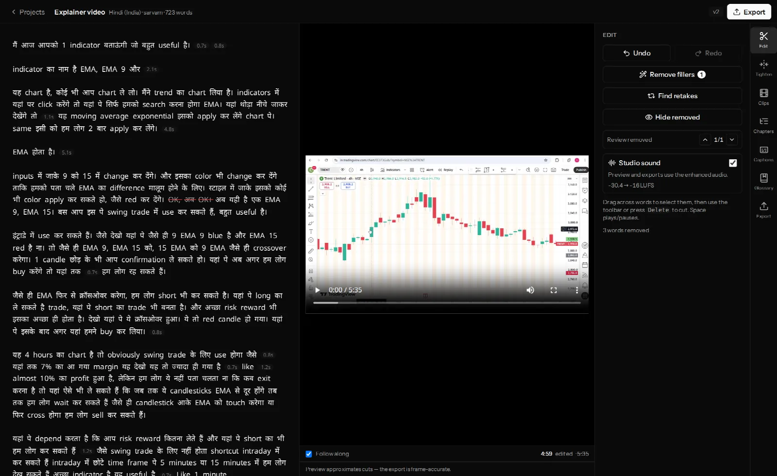 The VidCarve editor: Hindi transcript on the left, video preview in the centre, Edit panel on the right, icon rail on the far right