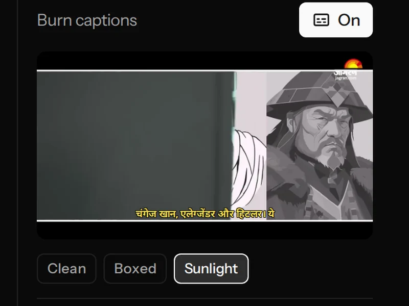 The captions panel: a preview frame with a burned-in Devanagari caption rendering conjuncts correctly, above the caption style presets.