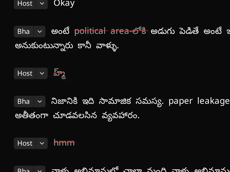A Telugu transcript in the editor with deleted words struck through in red, the video trimmed to match.