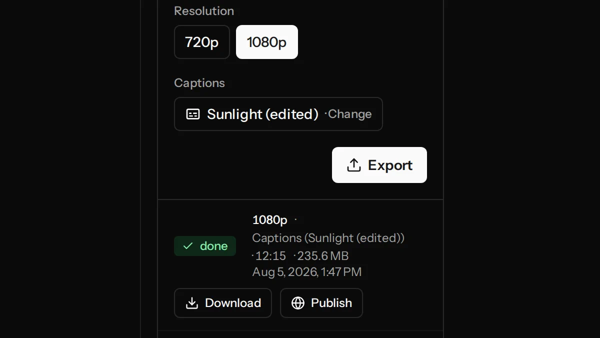 The export panel: a 1080p resolution choice, a caption style, and a finished export listed with its length, file size and download button.