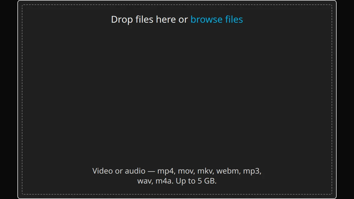 The upload screen: a multi-speaker toggle above a drop area that accepts mp4, mov, mkv, webm, mp3, wav and m4a files up to 5 GB.